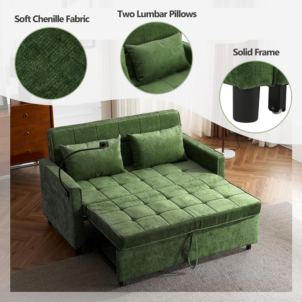 Merax 3 in 1 Convertible Sleeper Sofa Bed, Futon Couches for Living Room with USB Ports | Phone Holder| Reversible Backrest | Pull Out Couch |Small Loveseat, Green