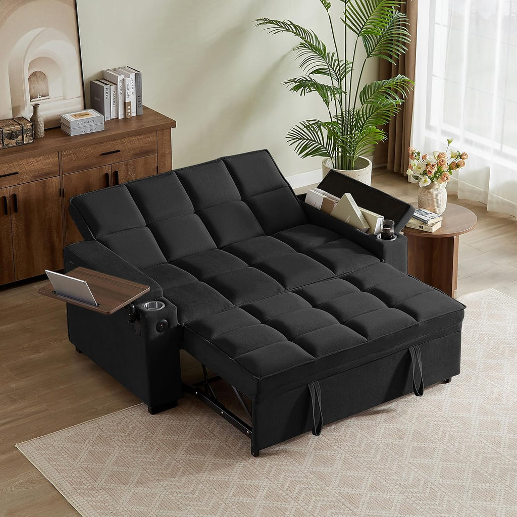 Auvsoce 65' Sleeper Sofa Bed Loveseat, Convertible Couch for Living Room, RV Sofa with Adjustable Backrest, Chaise Lounge, Side Table, USB & Type-C Ports