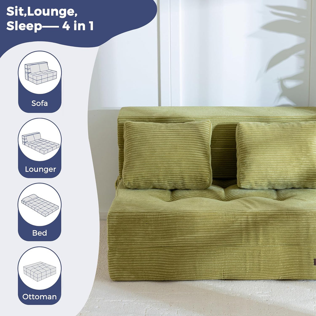 MAXYOYO Convertible Sofa Bed, Fold Out Loveseat Sleeper Sofa with Pillow, 4 in 1 Tufted Folding Couch Bed Foam Floor Couch, Lazy Chair for Living Room Bedroom Guest Room, Green