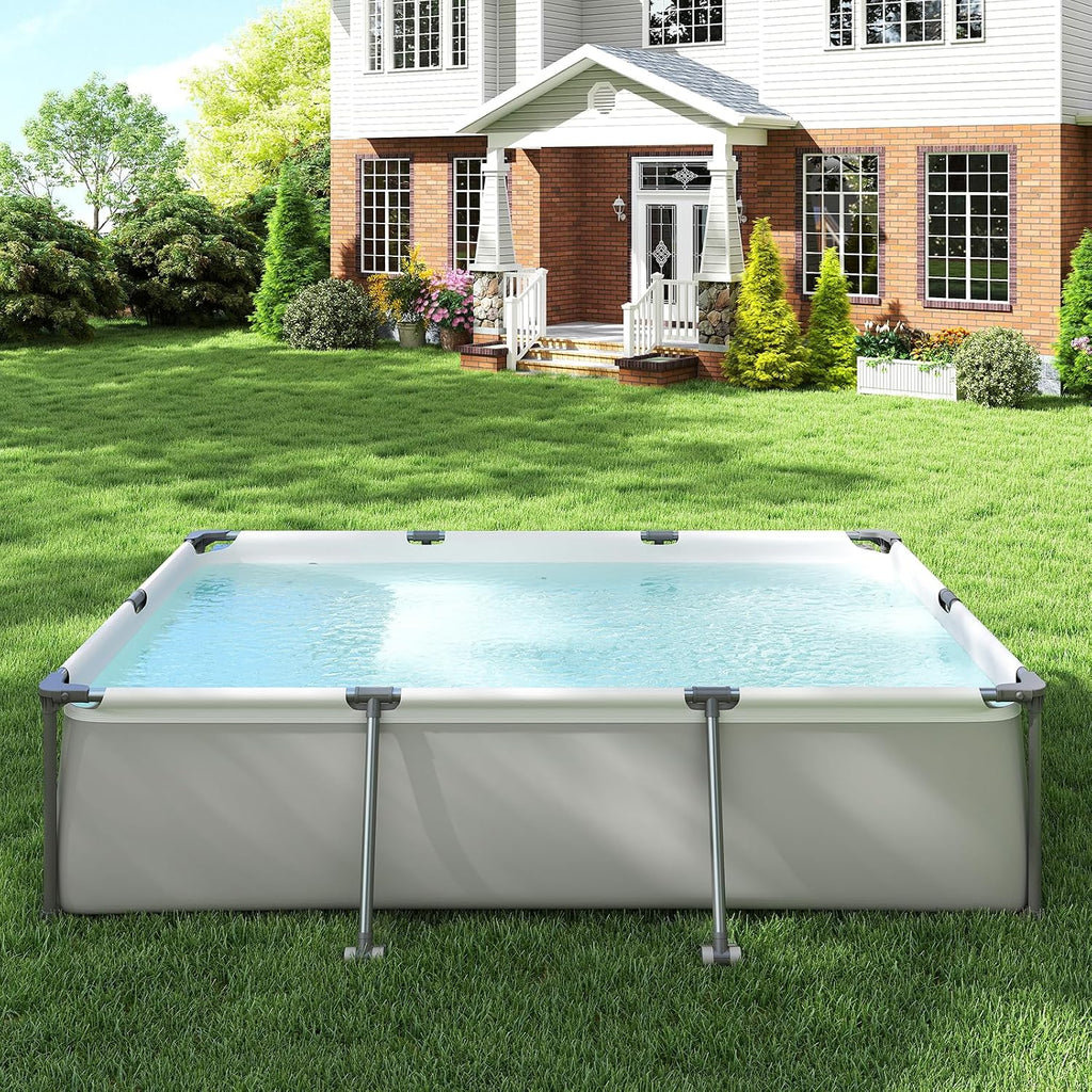 GYMAX 10' x 6.8' x 26' Metal Frame Above Ground Swimming Pool, Outdoor Backyard Famliy Pool w/Puncture-Resistant Fabric, Drainage Valve Connector for Kids & Adults (10' x 6.8' x 26', Rectangle, Grey)
