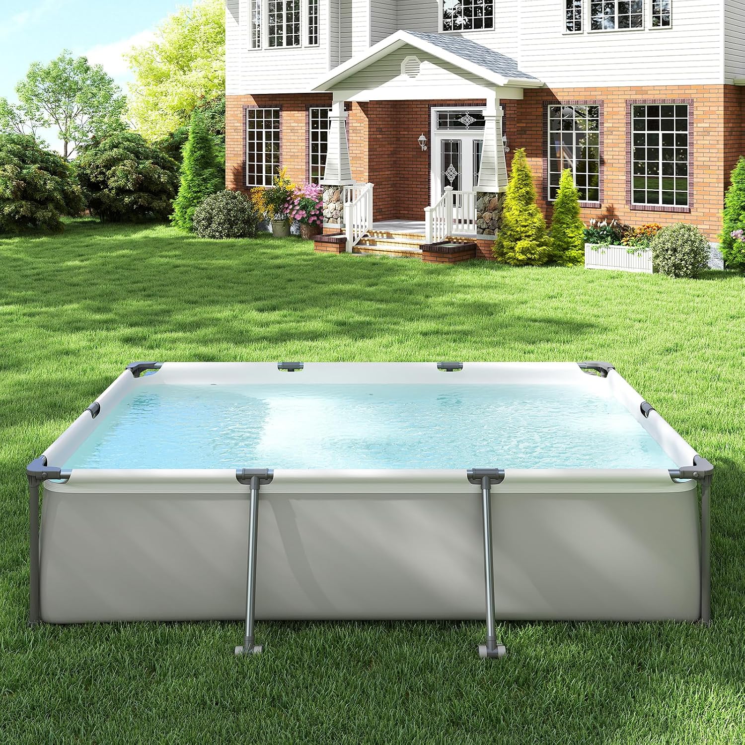 GYMAX 10' x 6.8' x 26' Metal Frame Above Ground Swimming Pool, Outdoor Backyard Famliy Pool w/Puncture-Resistant Fabric, Drainage Valve Connector for Kids & Adults (10' x 6.8' x 26', Rectangle, Grey)