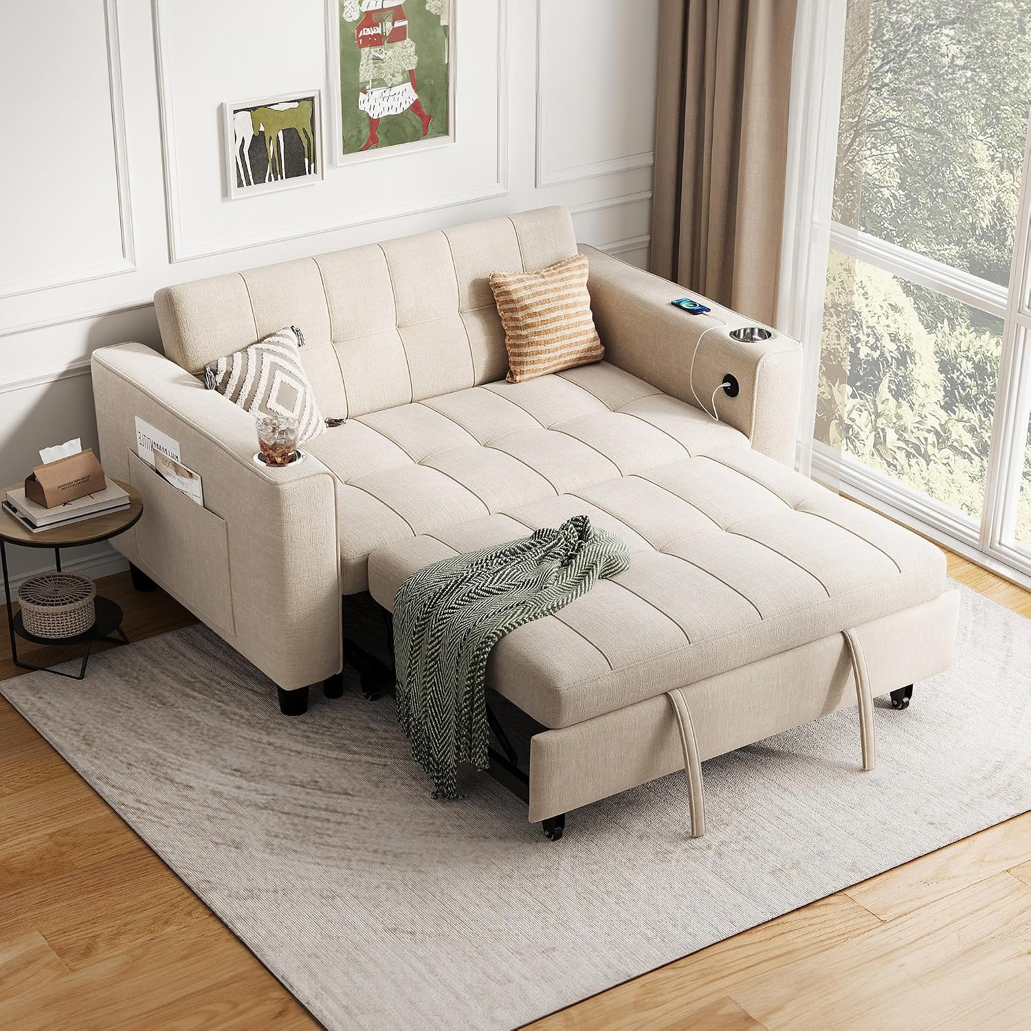 LINSY 3-in-1 Convertible Sofa Bed, 54' Pull Out Sleeper Sofa with Charging Station & Cup Holder, Small Folding Loveseat with Side Pocket for Small Space, Corduroy Couch, Beige