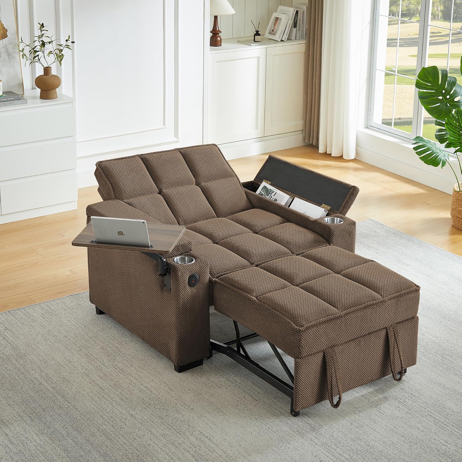 Auvsoce 3-in-1 Folding Convertible Sofa Bed Set of 2, Sleep Couch with Modern Chenille Fabric, 360° Swivel Side Table, Easy Assembly, Perfect for Living Room & Home Theater