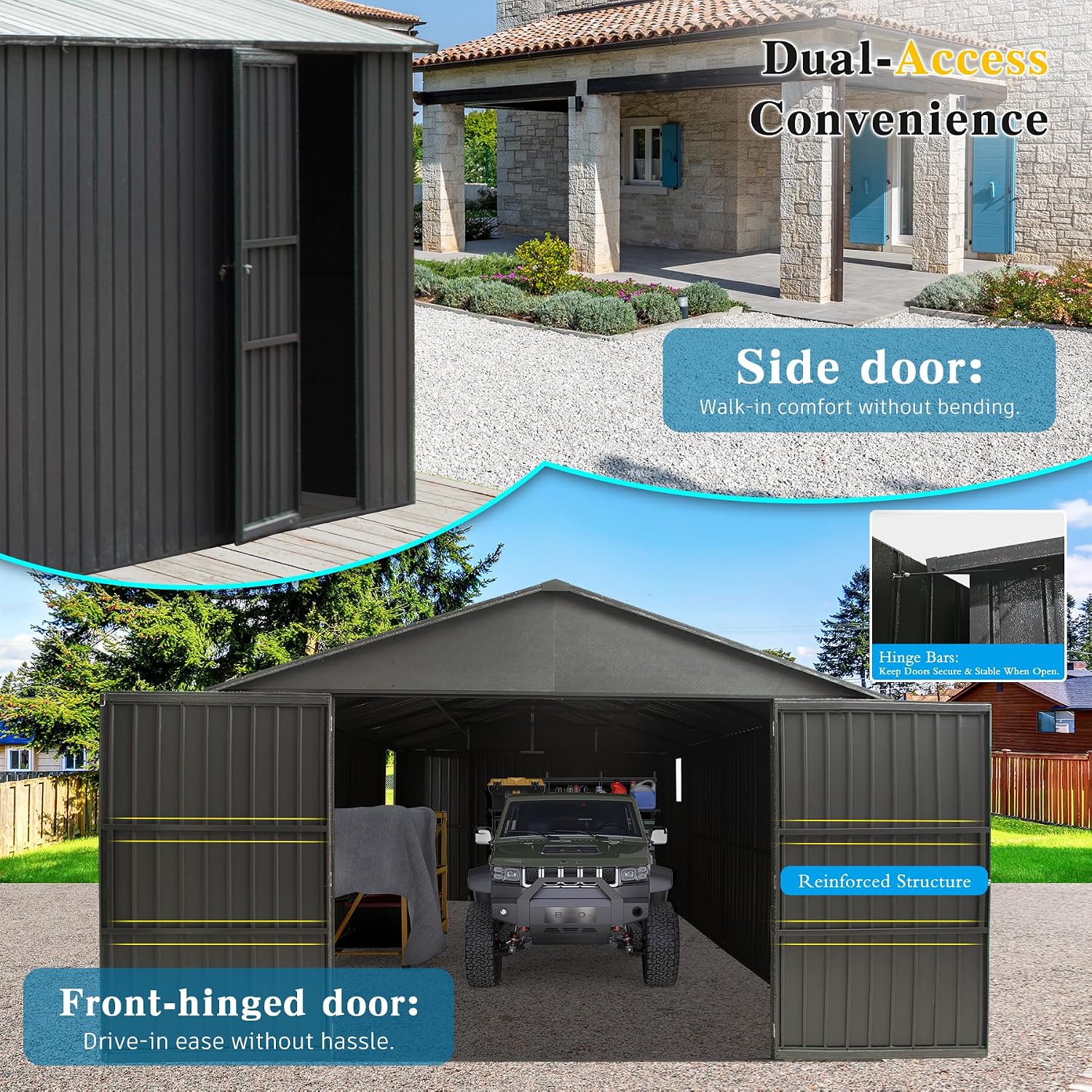 Domi 12x15FT Outdoor Metal Garage Shed, Extra Large Carport with Skylights & Dual-Entry, Backyard Storage Shed for Car, Truck, Lawn Mower and Tool, Dark Grey