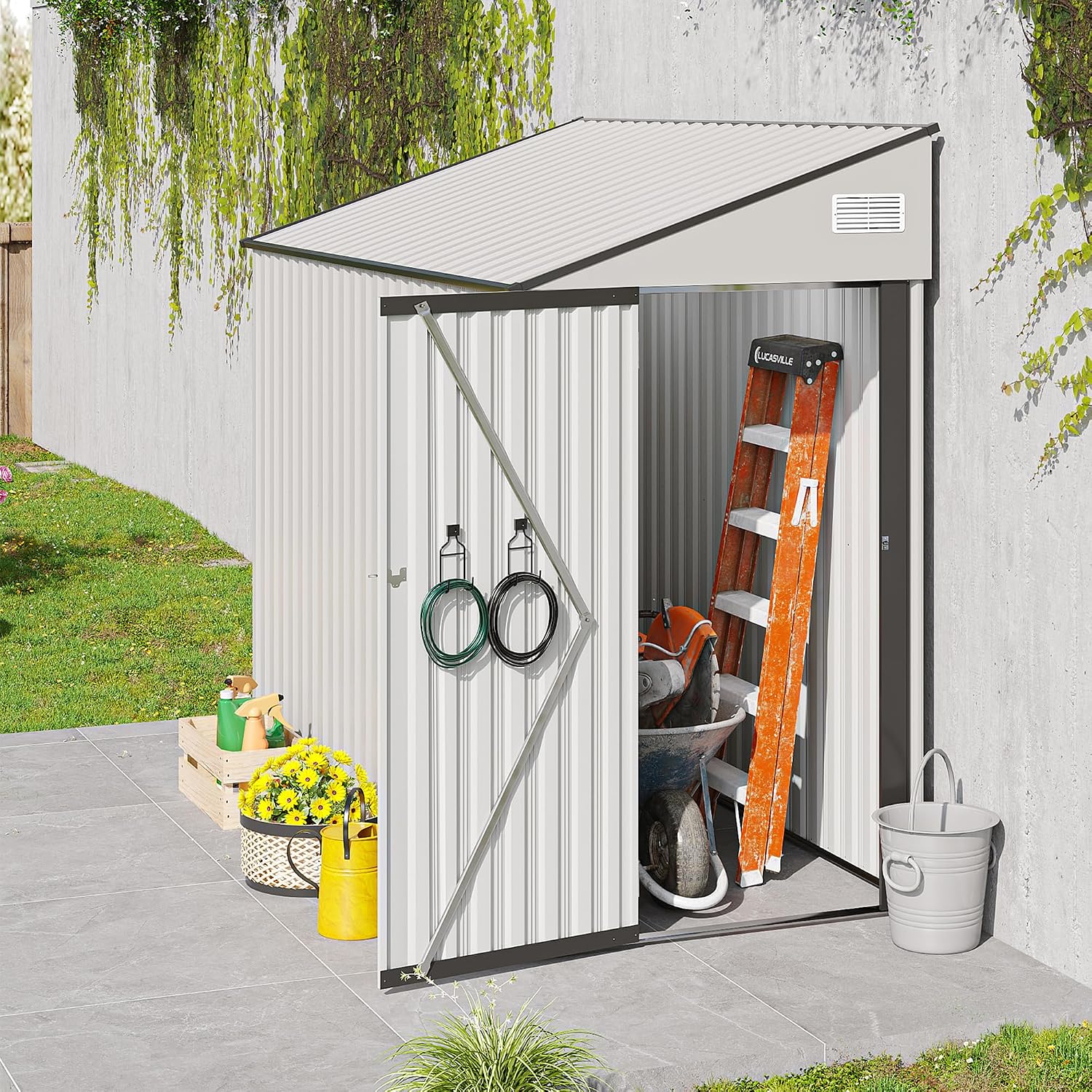 4x8FT Outdoor Storage Shed, Lean to Shed, Metal Wall Side Tool Storage Sheds House with Single Lockable Door for Backyard, Patio, Garden, Lawn