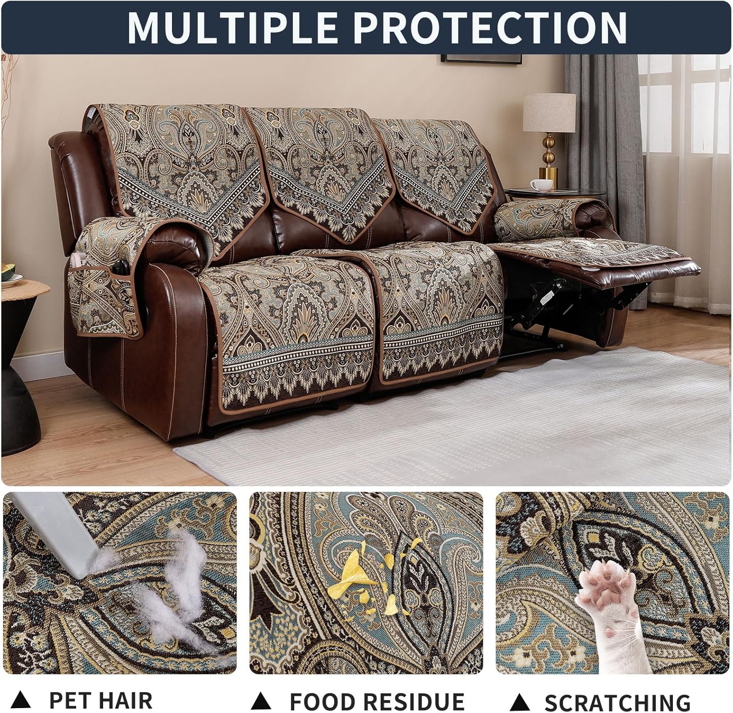 Waterproof Recliner Sofa Covers Non-Slip Recliner Couch Covers for 2 seat, Split Washable Jacquard Reclining Couch Covers Furniture Protecto (FLKF-Brown, 3 Seater)