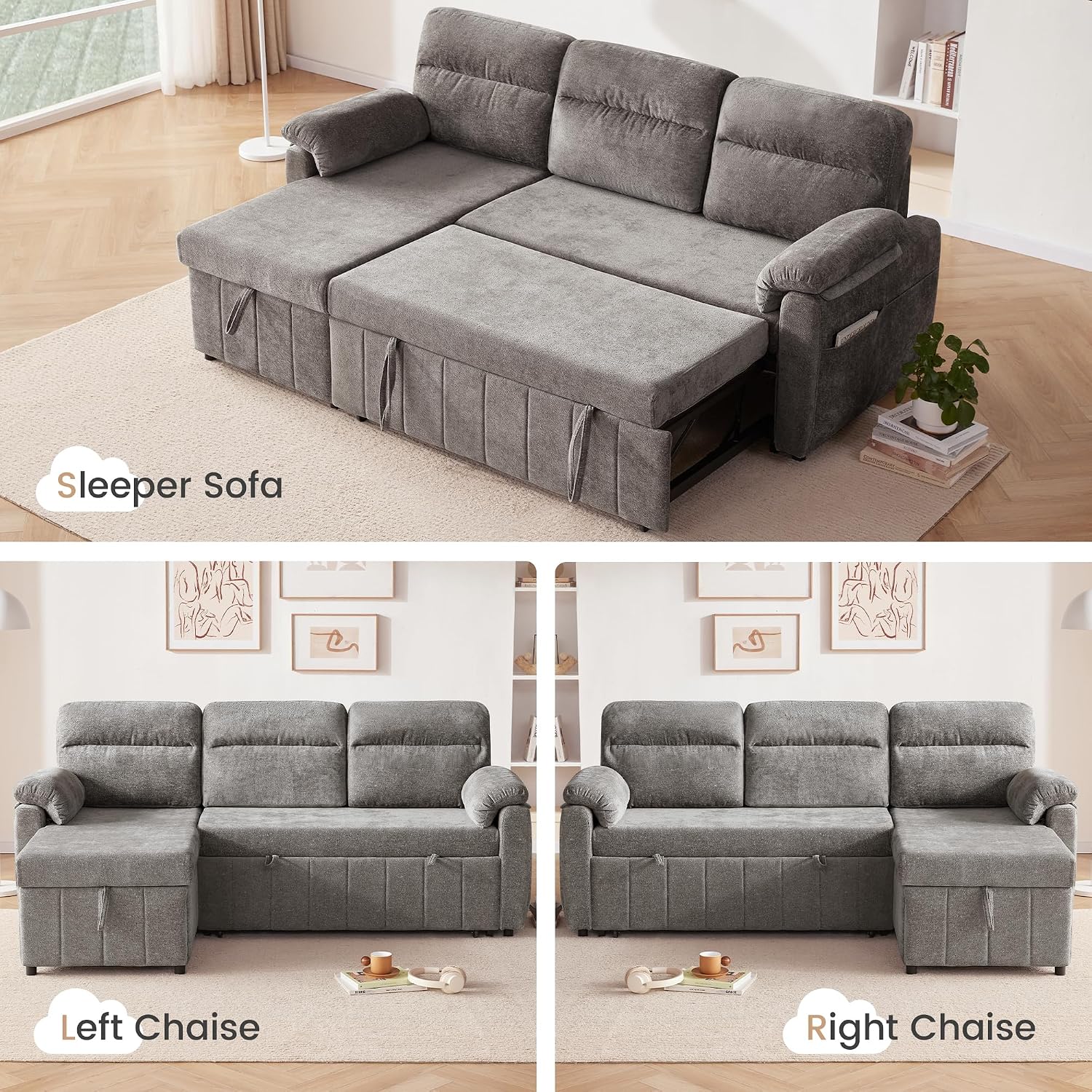 Tbfit 84'' Sleeper Sofa Bed, 3 in 1 Cloud Pull Out Sofa Couch with USB & Storage Chaise, Chenille Convertible Sofa Bed with Pull Out Bed, Couches for Living Room, Apartment, Office, Light Grey