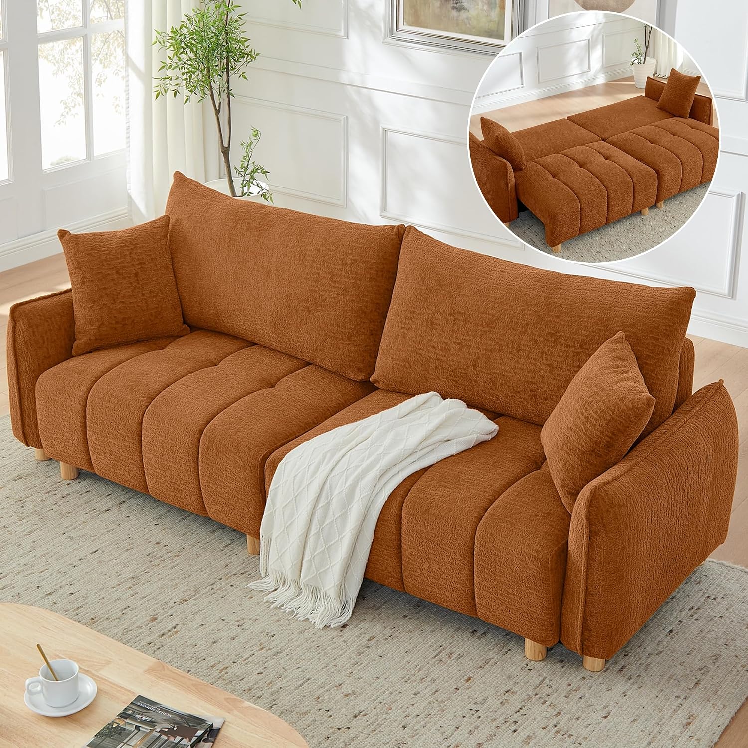 Mofolit Sleeper Sofa Bed Convertible Couch with Storage in Chenille Fabric Loveseat for Living Room Apartment and Small Spaces (Orange)