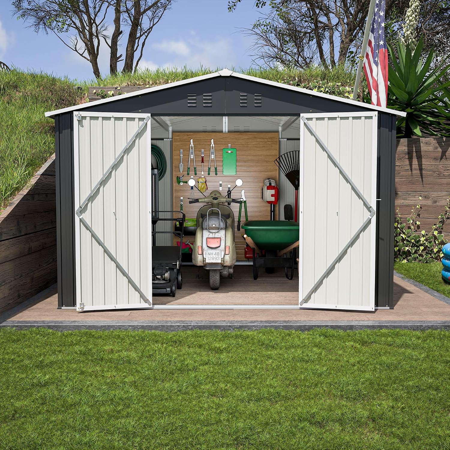 YOPTO 10 x 10 FT Outdoor Storage Shed,Heavy Duty Tool Sheds Metal Storage Garden Shed with Sloped Roof and Lockable Doors,Large Metal Storage Sheds for Backyard Patio Lawn, Black