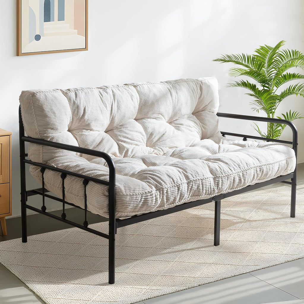 MAXYOYO 6' Futon Mattress Full Size, Tufted Futons Sofa Couch with Twisted Rope Design Edging, Thick Corded Fabric Floor Mattress for Adults, Shredded Foam Filling (Frame Not Included), Beige