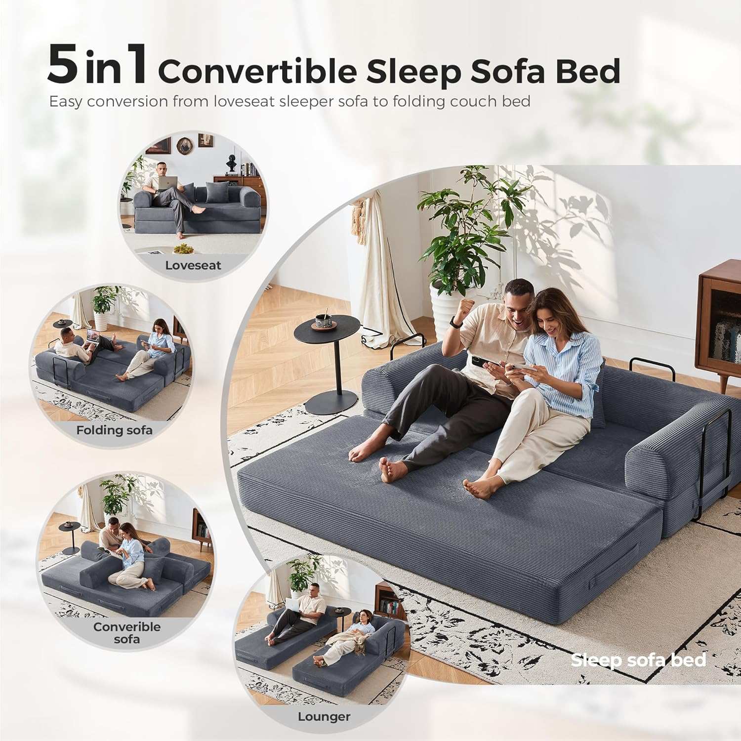 79' 5-in-1 Convertible Sleeper Sofa, No Assembly Fixed Frame Corduroy Couch, High-Density Foam Fold Out Bed for Small Spaces, Living Room, Dorm (Dark Gray)