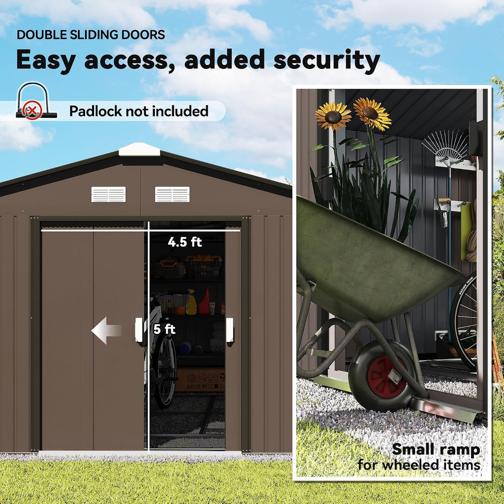 Outsunny 11' x 13' Outdoor Storage Shed, Garden Tool Metal Shed with Foundation Kit, Double Lockable Door, Air Vents and Sloping Roof, for Backyard, Patio, Lawn, Brown