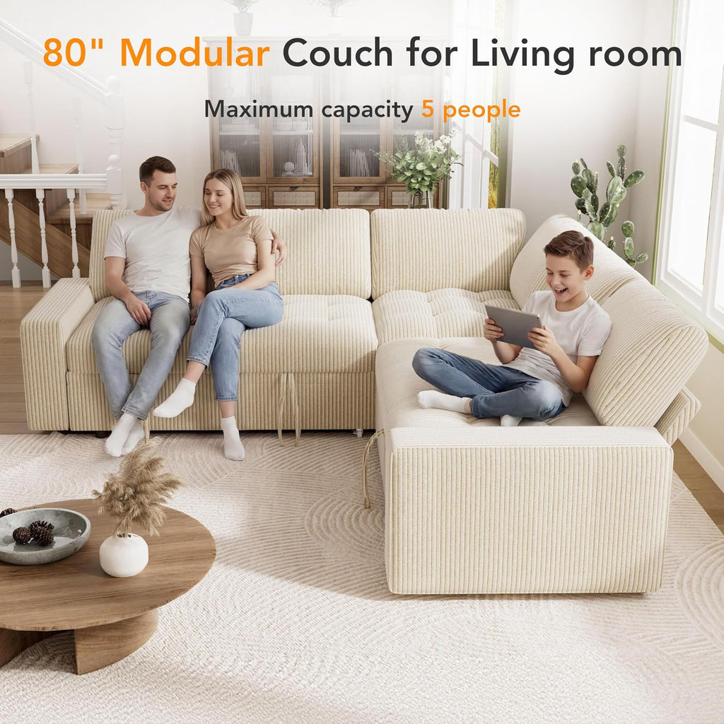 Vipbear Pull Out Sofa Bed Sectional Sleeper Sofa with Reclining Backrest & Storage, Plush Pullout Modular Sectional Couches with USB Charging, L Shaped Convertible Couch Bed for Apartment, Beige | Breathable material, Tool-Free Assembly