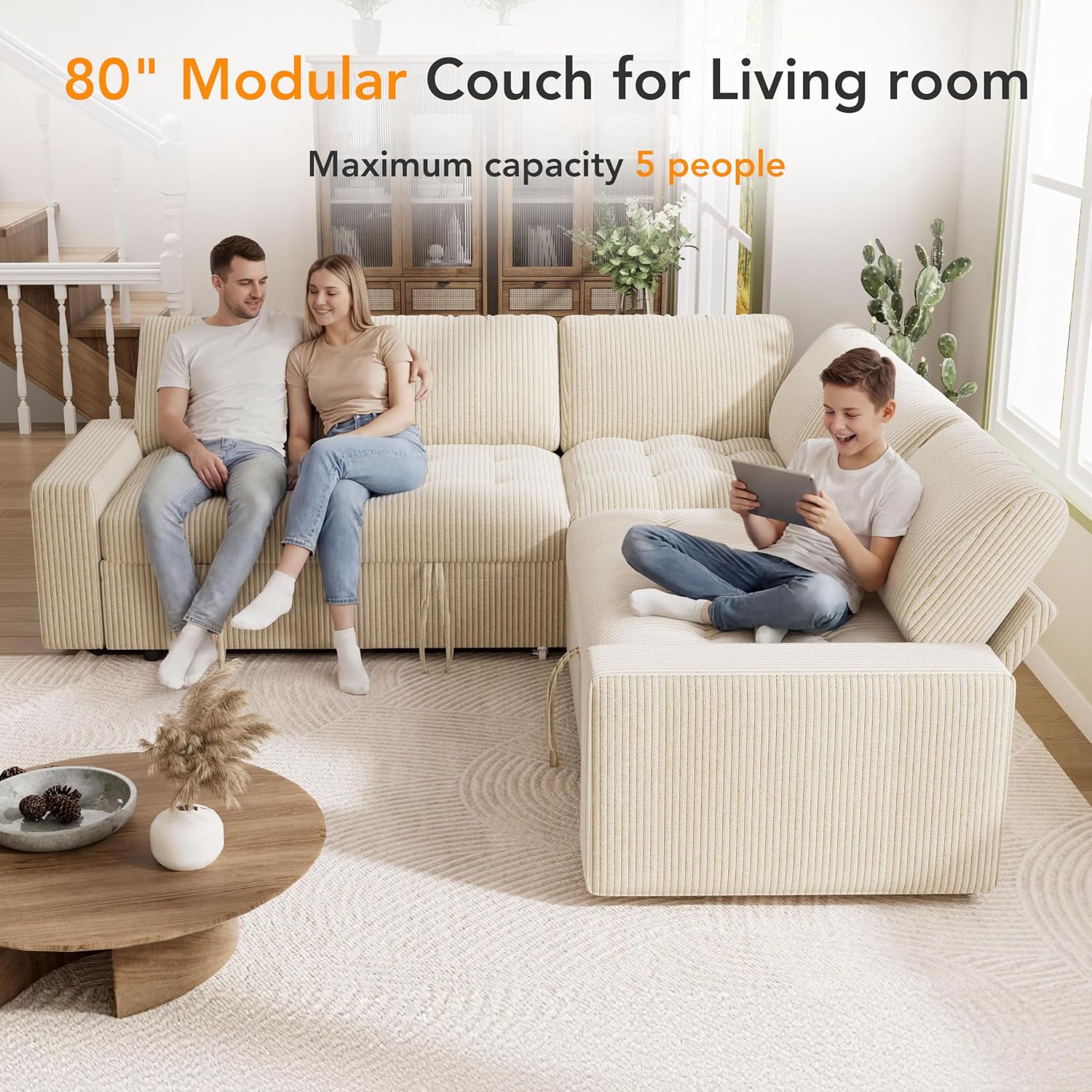 Vipbear Pull Out Sofa Bed Sectional Sleeper Sofa with Reclining Backrest & Storage, Plush Pullout Modular Sectional Couches with USB Charging, L Shaped Convertible Couch Bed for Apartment, Beige | Breathable material, Tool-Free Assembly