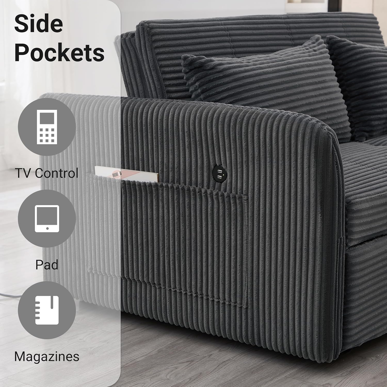 55.5' Corduroy Convertible Sofa Bed, Pull Out Sleeper Sofa Bed, Loveseat Couch with USB Charging Ports, 3 in 1 Convertible Sleeper Sofa Bed for Living Room, Apartment, Bedroom, RV, Grey