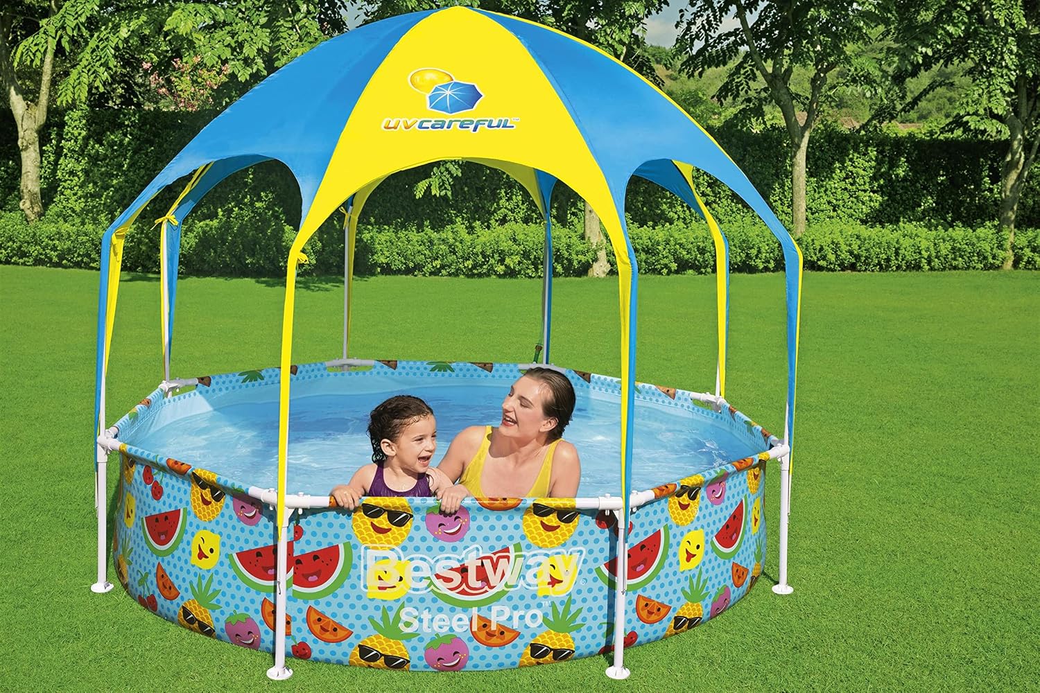 H2OGO! Kids Splash-in-Shade 8-Foot Round Steel Frame Above Ground Pool with Water Mister and Canopy Sunshade, Green Tropical Leaf Print