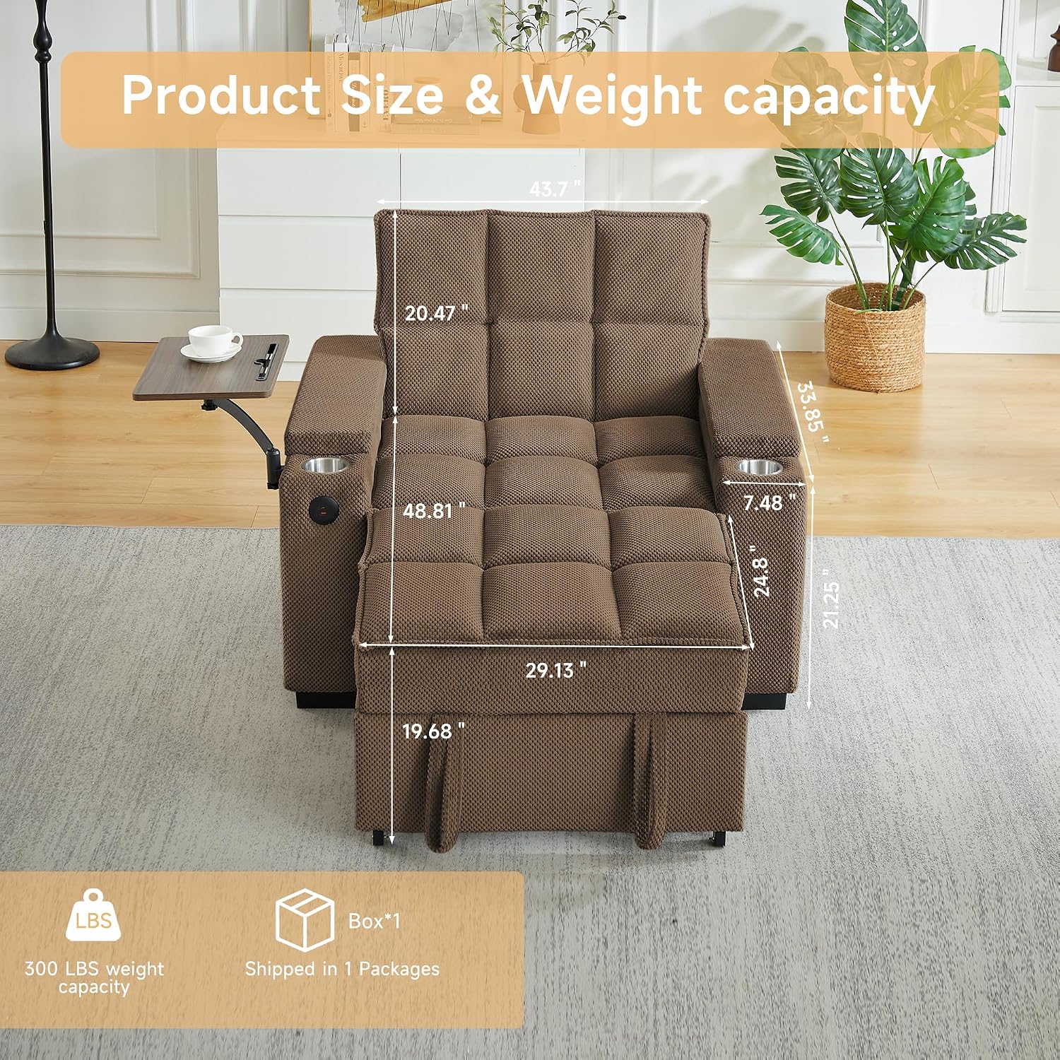 Auvsoce 3-in-1 Folding Convertible Sofa Bed Set of 2, Sleep Couch with Modern Chenille Fabric, 360° Swivel Side Table, Easy Assembly, Perfect for Living Room & Home Theater