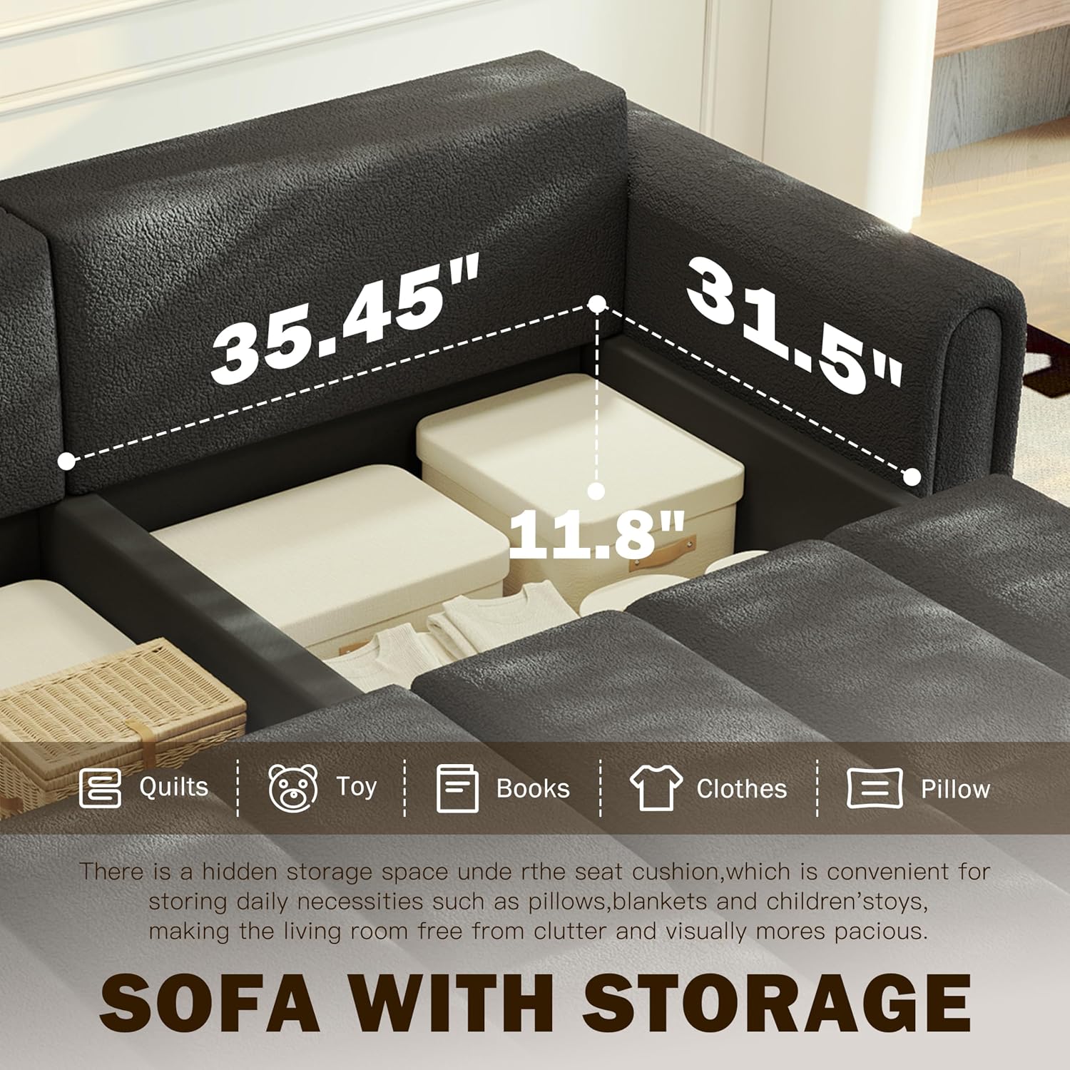 KEIKI 90.2' Modern 3-in-1 Sleeper Sofa Bed – Teddy Fabric 4-Seater Couch with Storage, King Size Convertible Sofa for Office, Guest Room, Home Workspace, Reclining Sofa Bed with Casters