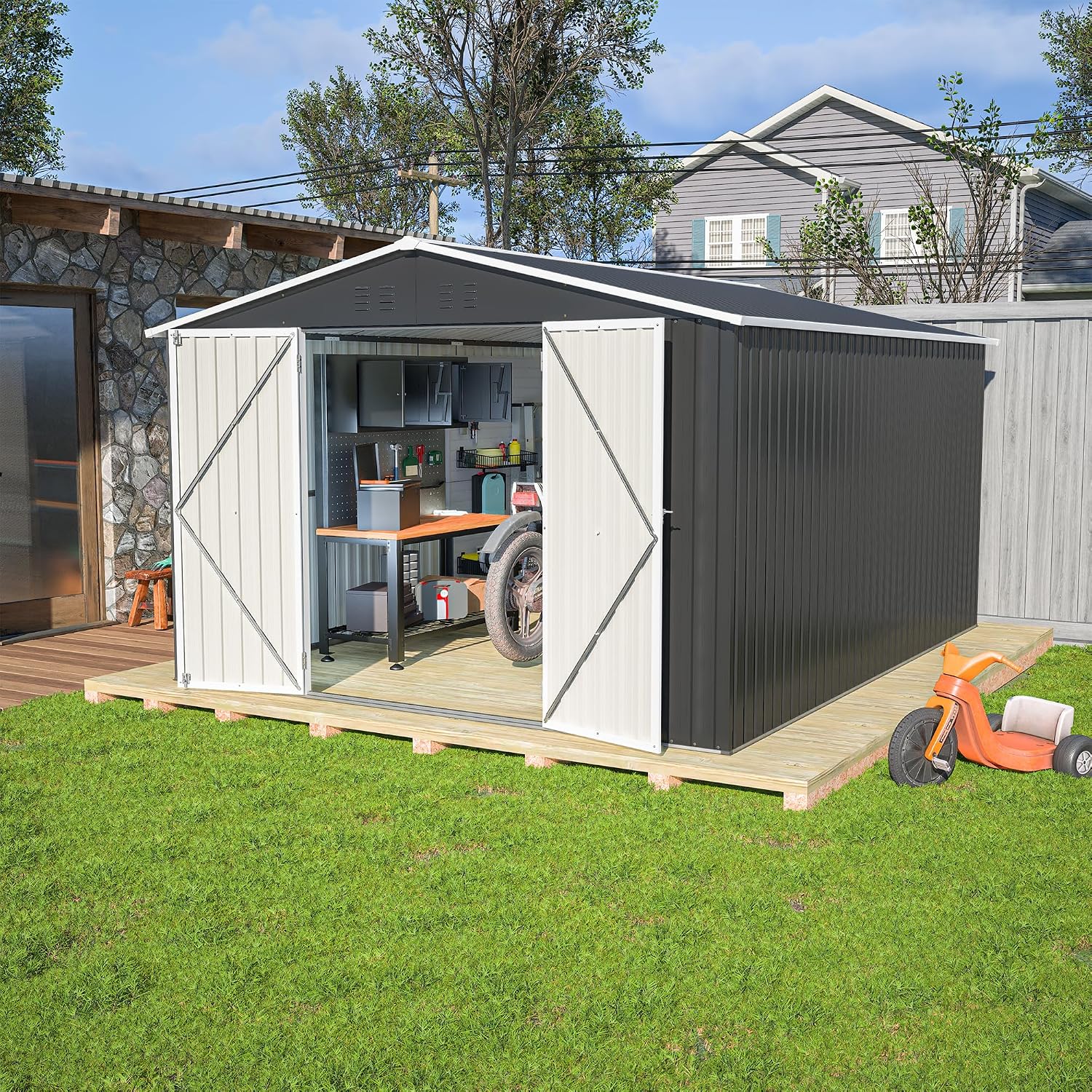 YOPTO 10x12 FT Outdoor Storage Shed,Utility Metal Tool Storage with Lockable Doors and Waterproof Roof, Large Garden Shed for Backyard, Patio Lawn, Black