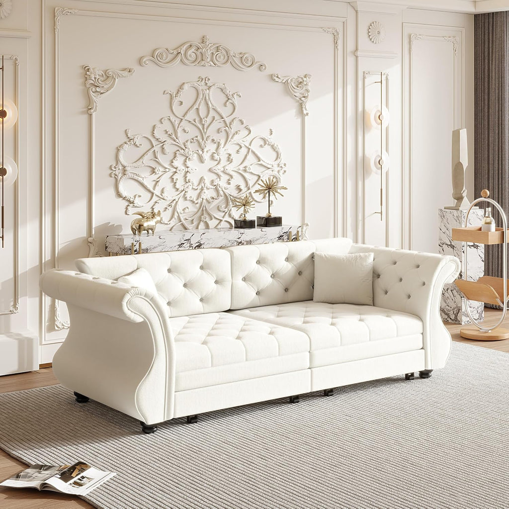 83.8' Oversized Pull Out Sofa Bed, Chesterfield Velvet Sleeper Sofa Couch with Roll Arm & Flower Tufting, Heavy Duty Metal Frame Convertible Sofa for Living Room, Apartment, Guest Room, Beige | Pull Out, Roll Arm, Flower Tufting, Convertible