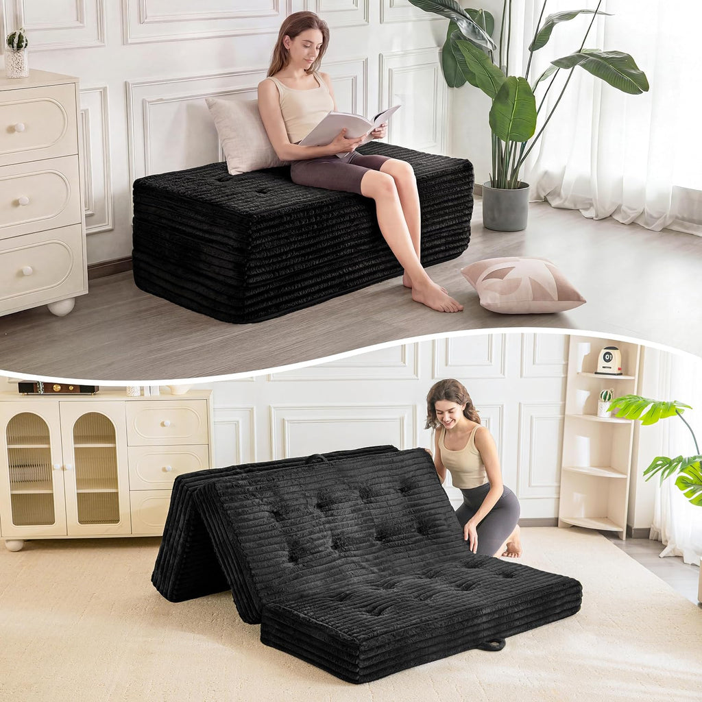 MAXYOYO Folding Sofa Couch Bed, 6 Inch Tri-Fold Floor Sofa Bed, Folding Mattress with Handles, Soft Faux Fur Folding Bed with Supportive Foam Filling, Portable Couch for Living Room, Full, Black
