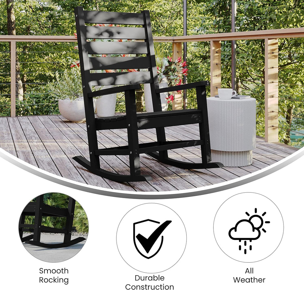 Flash Furniture Manchester Commercial Grade Outdoor Rocking Chair, All-Weather HDPE Indoor/Outdoor Rocker, Black