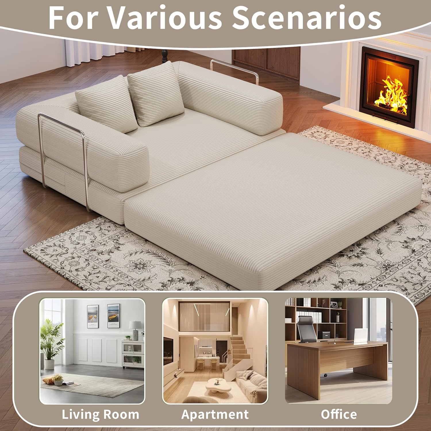 BSHOMGI 4 in 1 Futon Sofa Bed Queen Size - Foldable Convertible Sleeper Sofa Couch, Removable Washable Corduroy Cover, Space Saving Floor for Living Room (Beige, 53.15' Double Sofa)