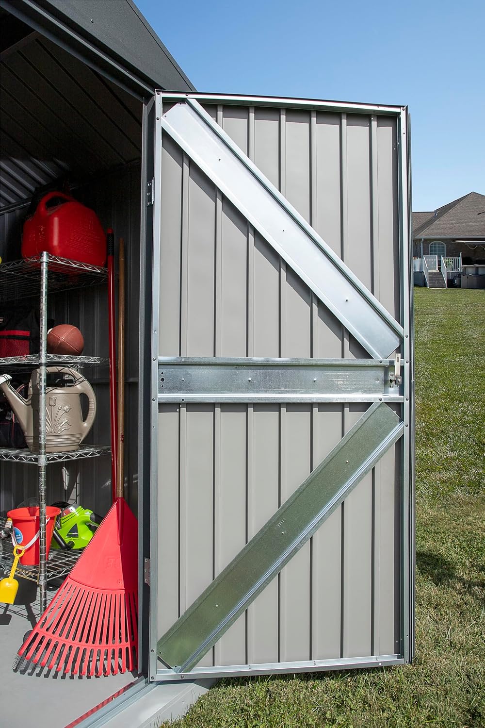 Arrow Shed Elite 12' x 12' Tall Outdoor Steel Storage Shed with High Gable and Lockable Doors Storage Building, Anthracite