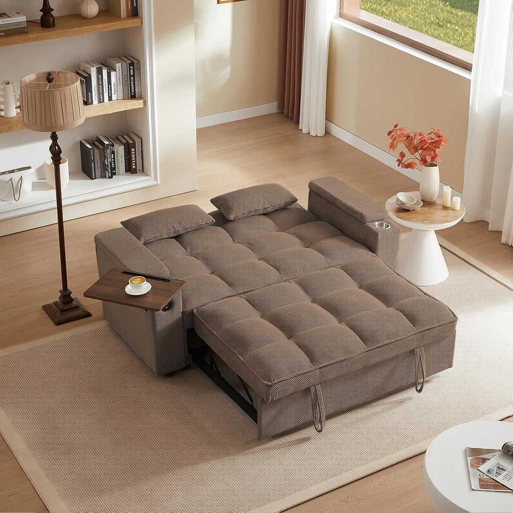 Auvsoce 65'' Convertible Sleeper Sofa Bed with Adjustable Backrest, Chaise Lounge, Side Table & USB/Type-C Ports – Stylish & Functional Addition to Any Living Room (Brown)