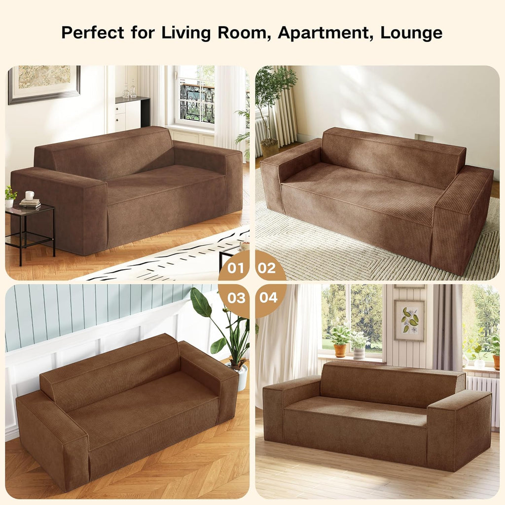 Swbvs Sofa-in-a-Box, Memory Foam 3-Seater Couch, No Installation & Easy to Transport, Deep Seat Modern Sofa with Corduroy Fabric, Couch for Living Room, Bedroom, Apartment, Home Office, Brown