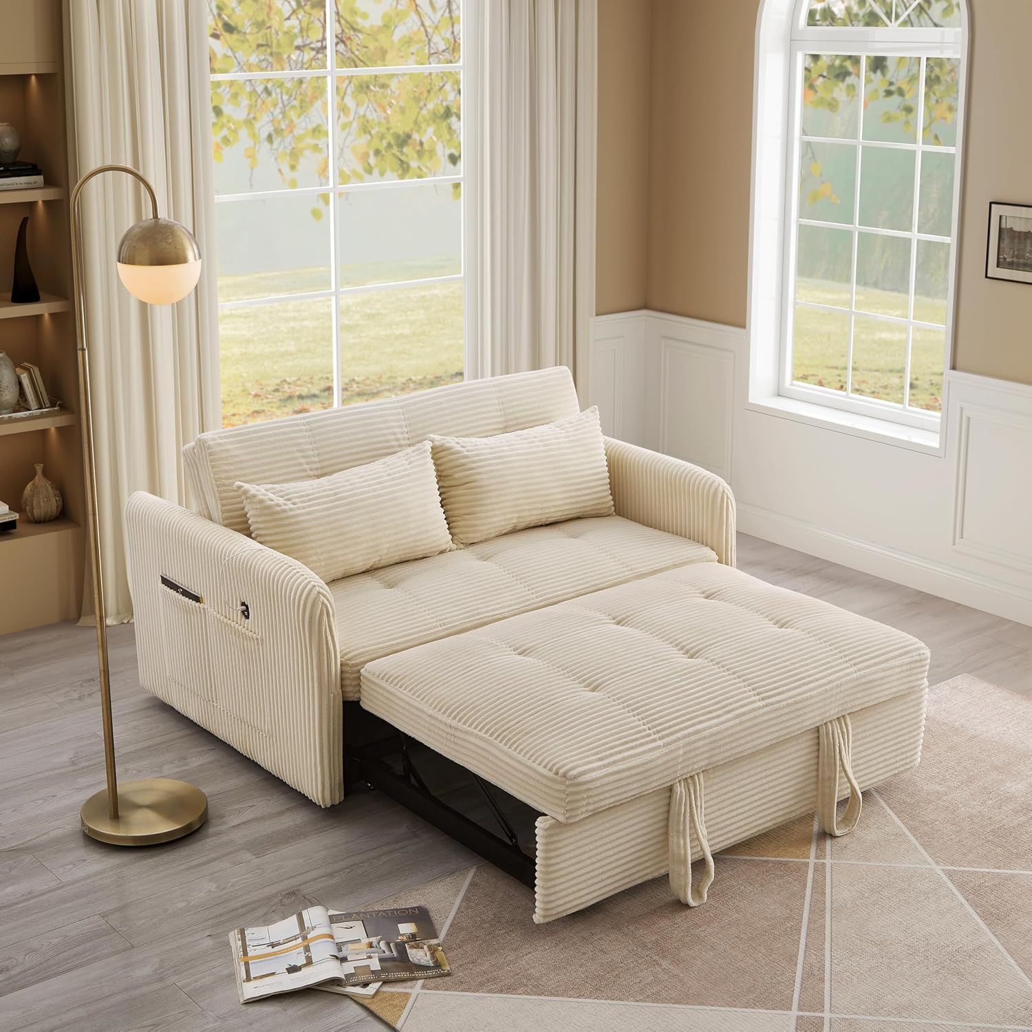 55.5' Corduroy Convertible Sofa Bed, Pull Out Sleeper Sofa Bed, Loveseat Couch with USB Charging Ports, 3 in 1 Convertible Sleeper Sofa Bed for Living Room, Apartment, Bedroom, RV, Beige