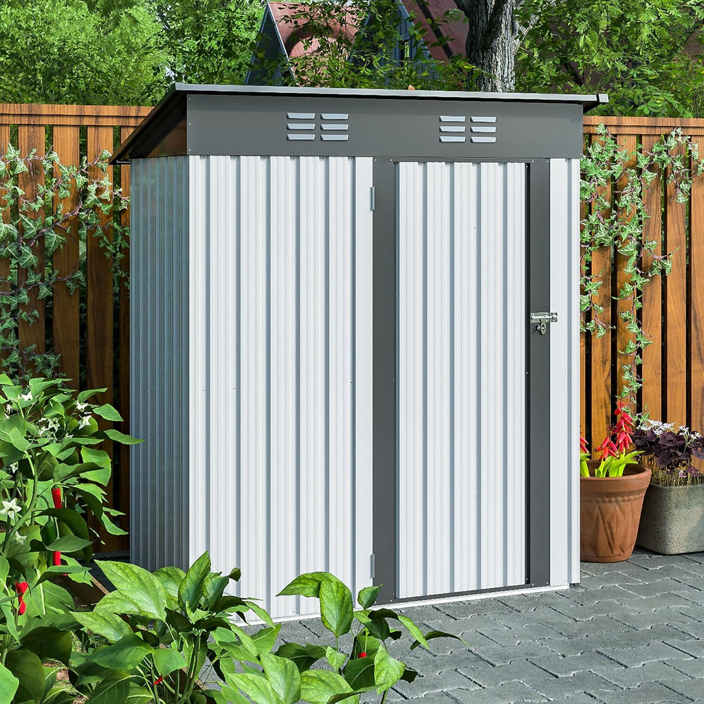 5X3 FT Outdoor Storage Shed, Waterproof Metal Garden Sheds with Lockable Door, Steel Tool Storage Buildings Shed & Outdoor Storage House for Garden, Backyard, Patio, Lawn, Trash Cans(White)