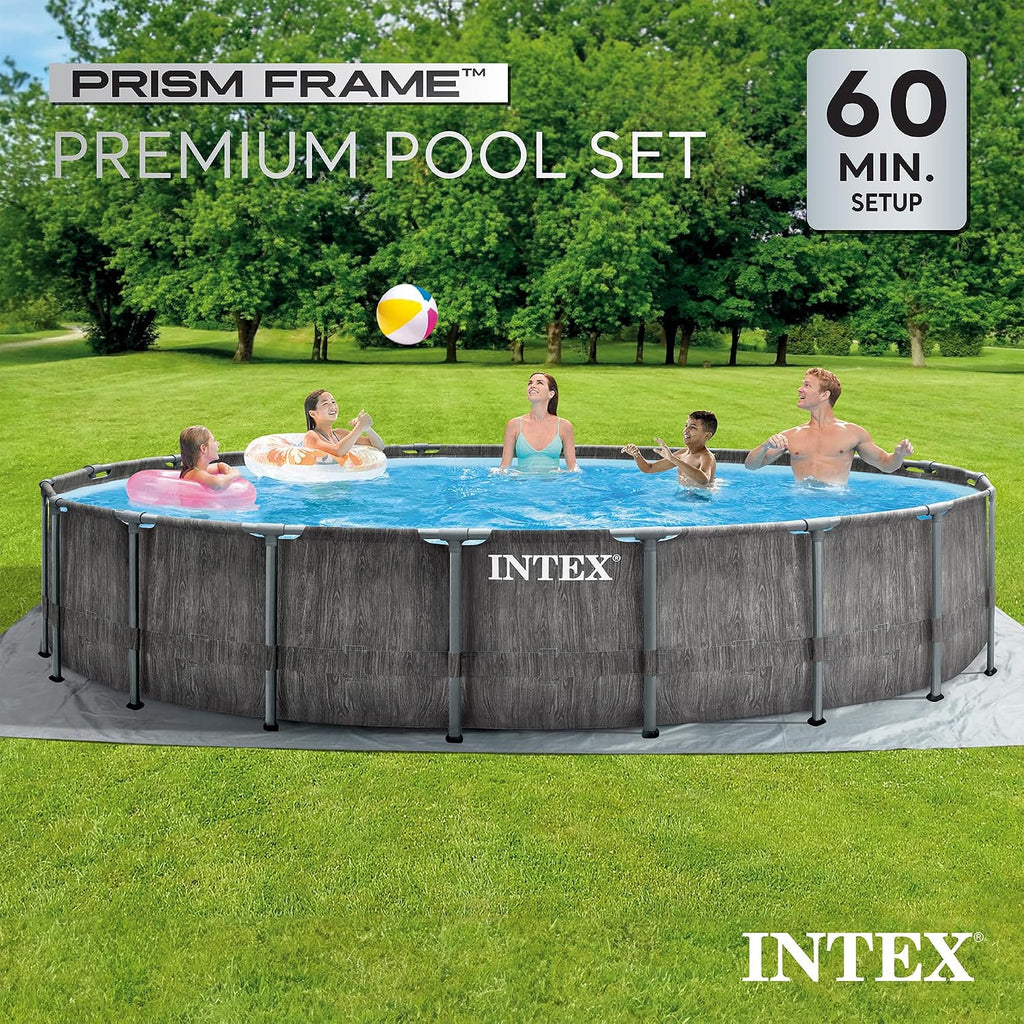 Intex Prism Frame Round Above Ground Outdoor Swimming Pool Set with Filter Pump, Ladder, Ground Cloth, and Pool Cover, Greywood