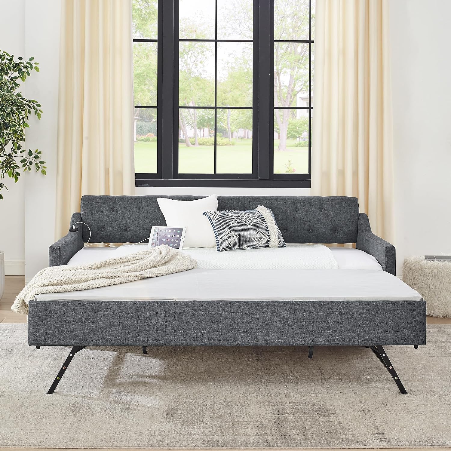 KEIKI Twin Size Upholstery Daybed with Trundle and USB Charging Design, Twin to King Design Mid-Century Extendable Sofa Bed, Easy Assembly, No Box Spring Required, for Living Room, Bedroom, Dark Grey