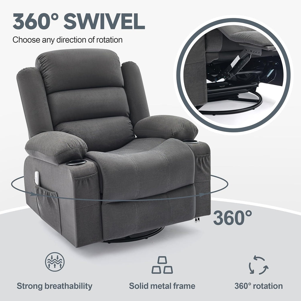 Rocker Recliner Chair with Heat and Massage, 360° Swivel Nursery Rocking Chairs for Adults, Oversized Recliner Single Sofa Seat with Cup Holders, Lazy Boy Recliner Single Sofa (Manual, Darkgrey)