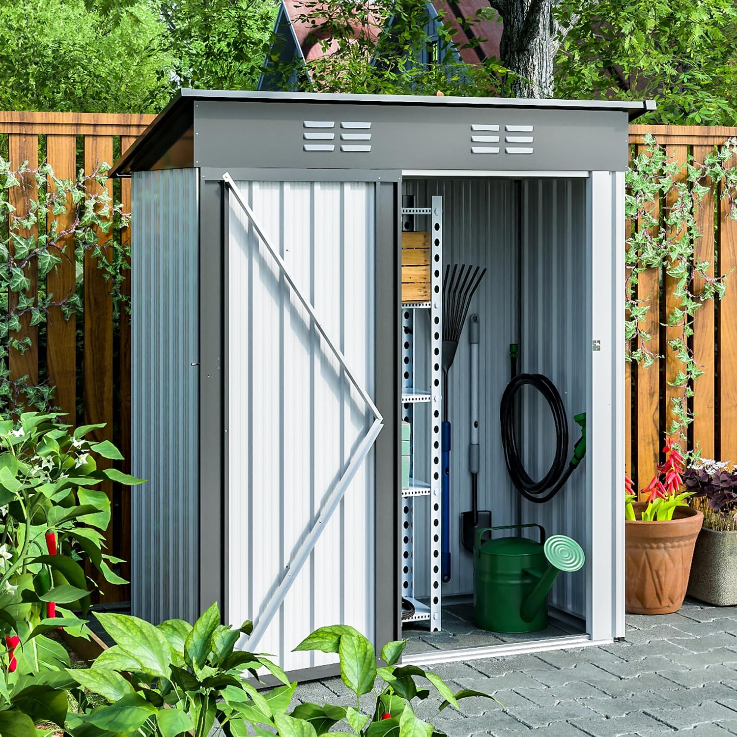 5X3 FT Outdoor Storage Shed, Waterproof Metal Garden Sheds with Lockable Door, Steel Tool Storage Buildings Shed & Outdoor Storage House for Garden, Backyard, Patio, Lawn, Trash Cans(White)