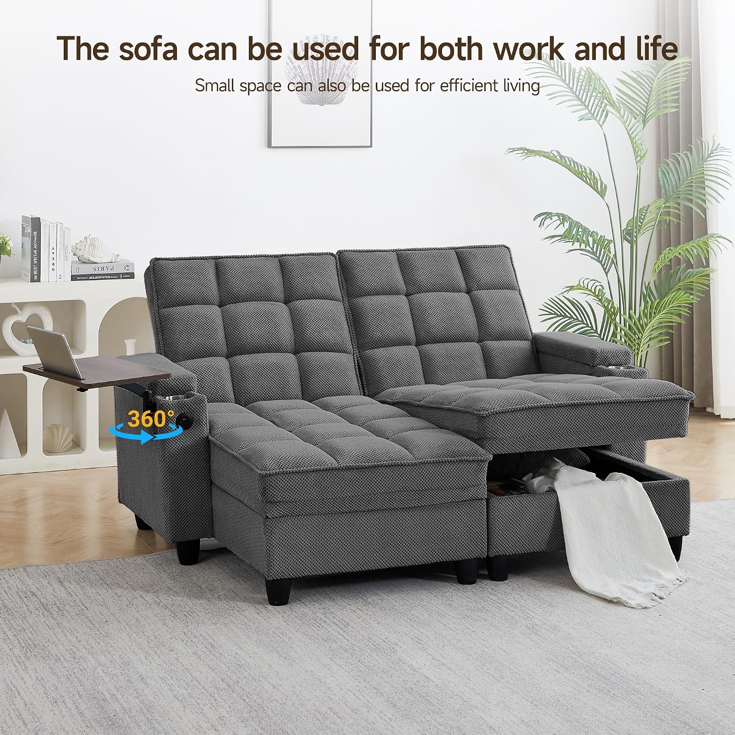70.9'' Double Chaise Lounge with 360 degree rotatable side table, Comfy Corduroy Indoor Lounge Chair with Armrest Storage, Cup Holder, USB Port, and Pillow for Living Room or Bedroom (dark gray)