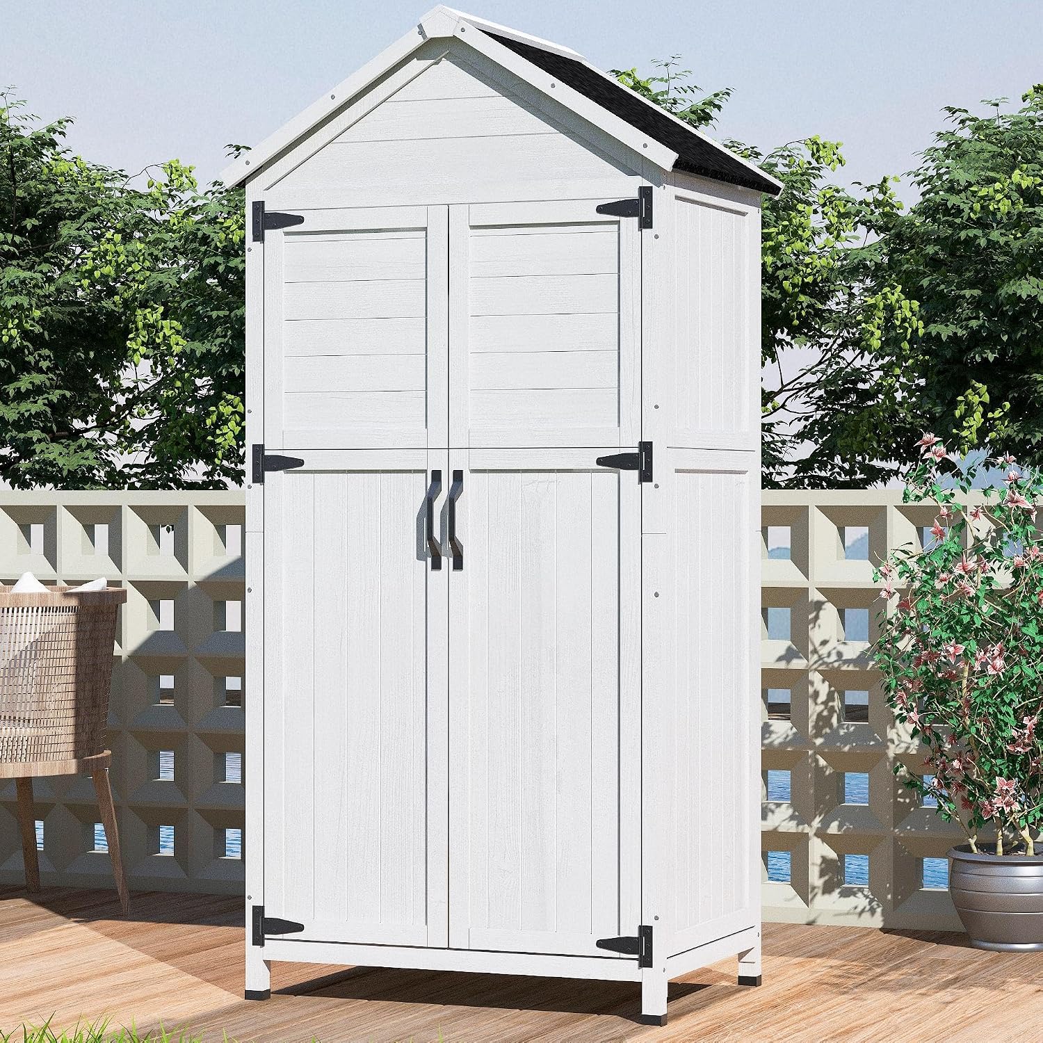 GDFStudio 67' Fir Wood Storage Shed 2 Doors Design Outdoor Tool Storage House Cabinet with Sloped Roof & 4 Interior Compartments for Garden Patio Backyard, White