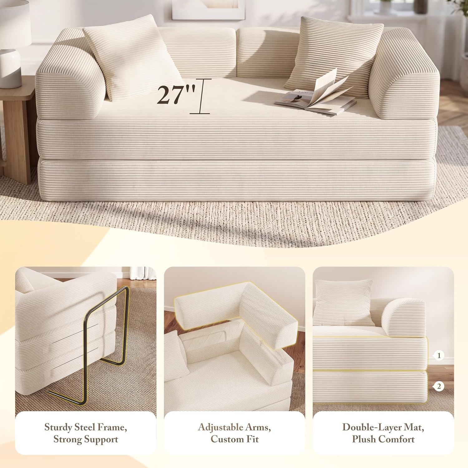Cloud Boneless Convertible Floor Sofa Bed, 70' 5-in-1 Foldable Compressed Loveseat Lounge Sleeper 2 Seater Couches, High-Density Sponge & Corduroy Fabric Futon Daybed for Living Room Bedroom(Beige)