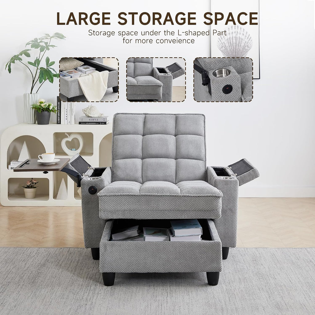 oaaktu Single Modern Comfy Upholstered Chaise Lounge Sofa Chair with Rotating Side Table,Storage,Pillow,USB Charging Ports and Adjustable Backrest Perfect for Living Room, Small Spaces (Light Gray)