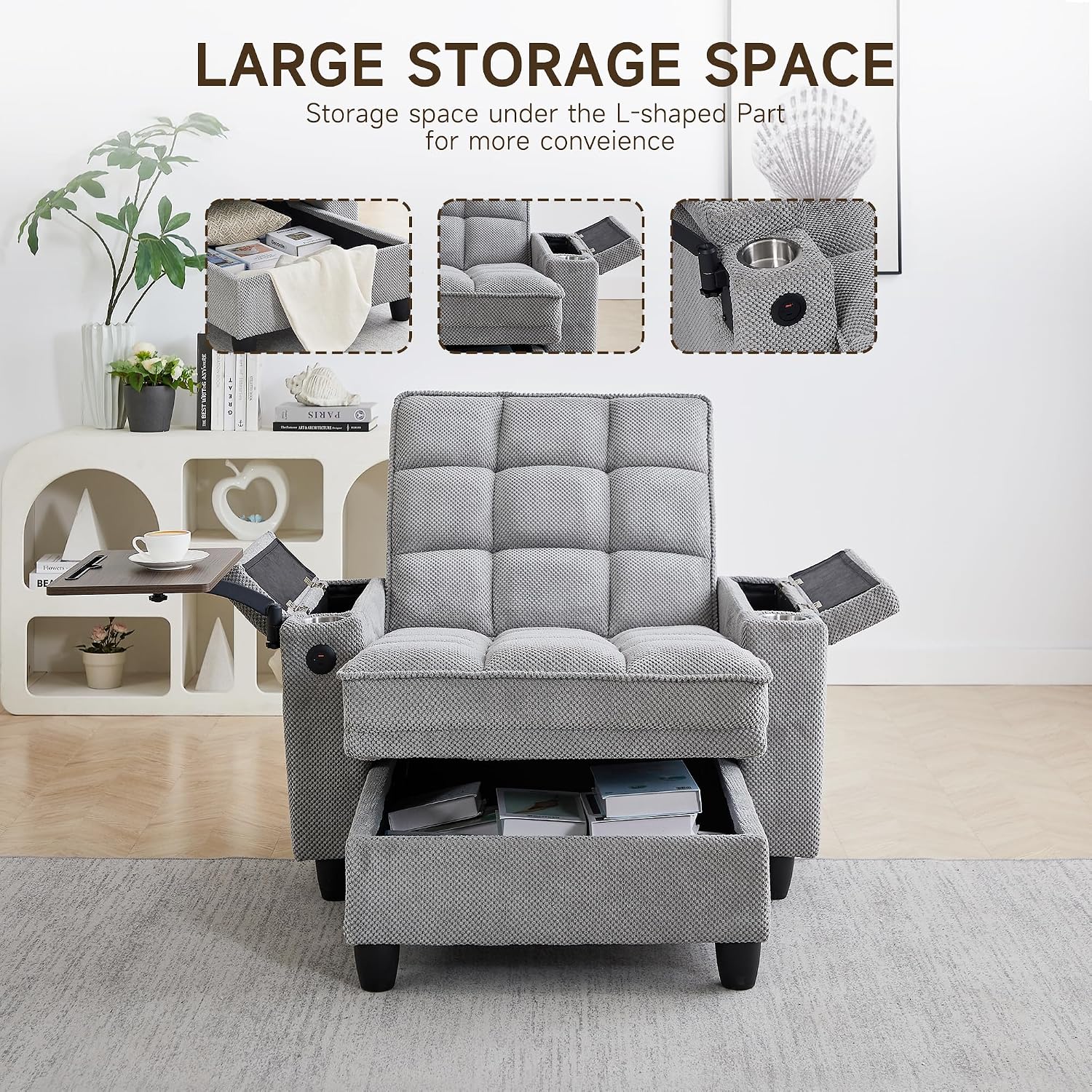 41.7' Chaise Lounge Chair Indoor, Oversized Boucle Upholstered Sofa Bed, Adjustable Backrest Deep Seat Reading Chair, Sofas Couches for Living Room with Storage, Cup Holders & 360° Swivel Side Table