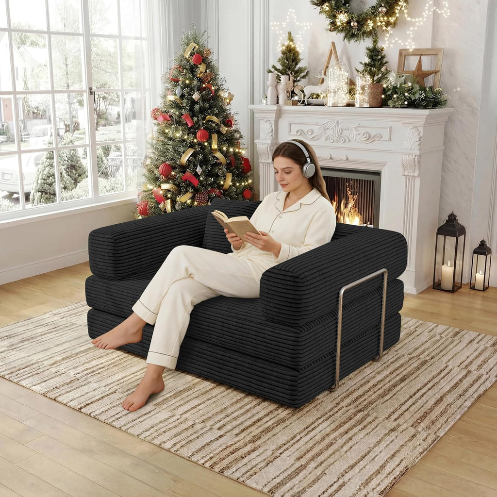 4-in-1 Foldable Sofa Bed Teddy Foam-Filled Compressed Couch Loveseat Sofa Boneless Foldable Convertible Sleeper Sofa Couch for Space Saving Living Room, Guest Bed, Playroom (Black, 53.15'Double Sofa)