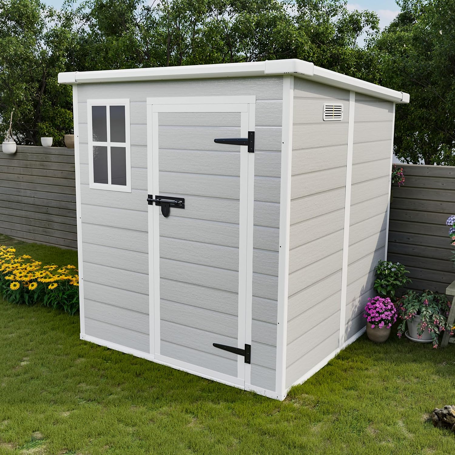 YOPTO 6x6 FT Resin Outdoor Storage Shed with Floor, All-Weather Plastic Shed with Lockable Doors, Window & Vents, Utility Plastic Tool Shed Storage House for Backyard, Patio, Light Grey