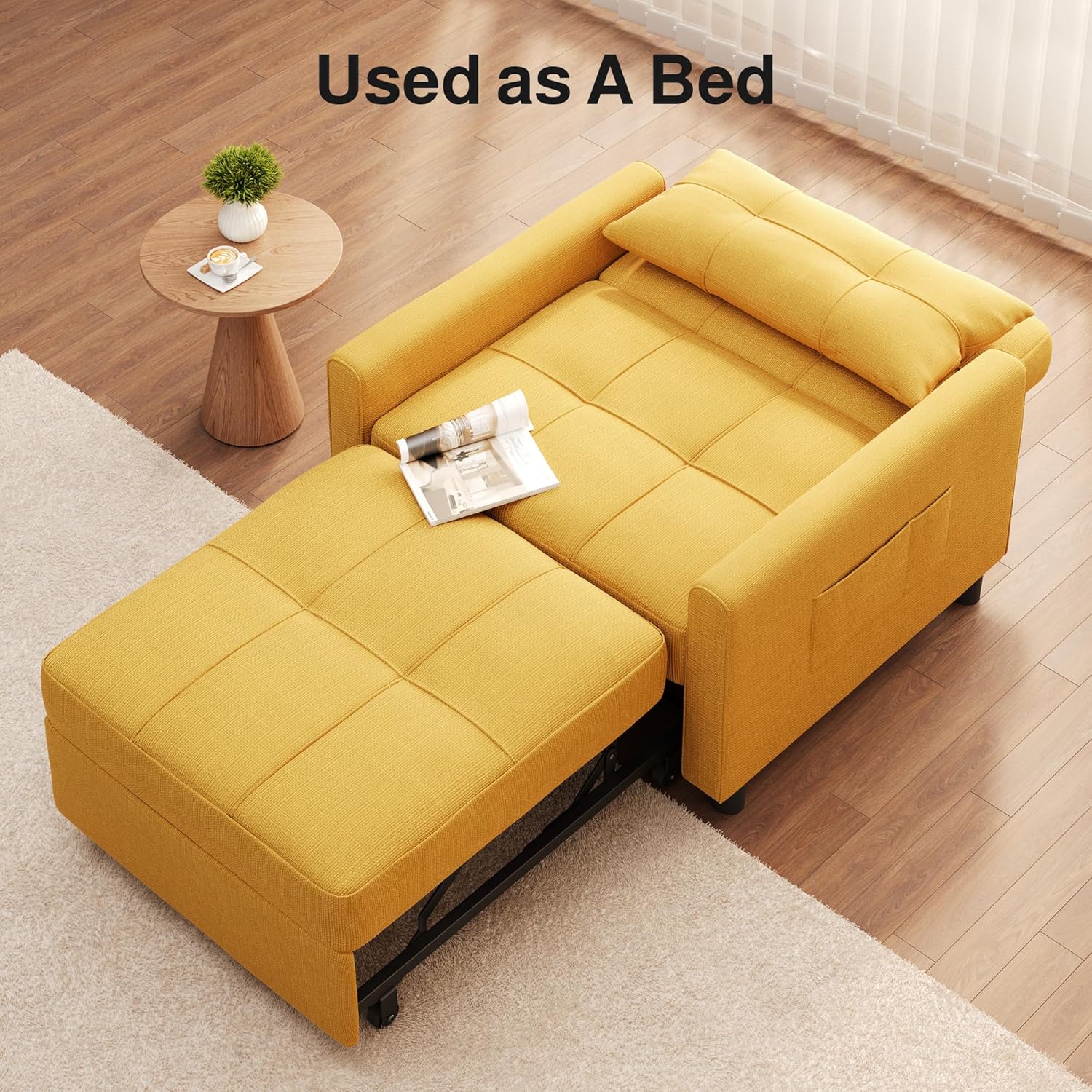 Ahomly Convertible Sleeper Chair Sofa Bed with 3-in-1 Design, Adjustable Backrest, and Storage Pocket for Living Room, Yellow