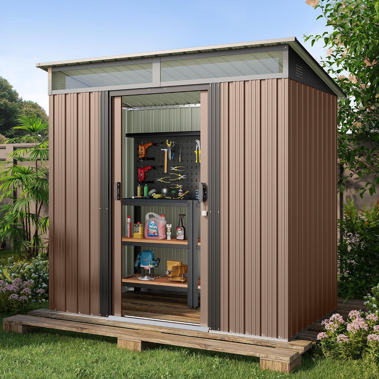 Gizoon 6'x4' Outdoor Storage Shed Metal Garden Shed with Sliding Lockable Doors, Versatile Tool Bike Shed with Transparent Panel Windows, Outdoor Storage Clearance for Backyard, Patio, Light Brown