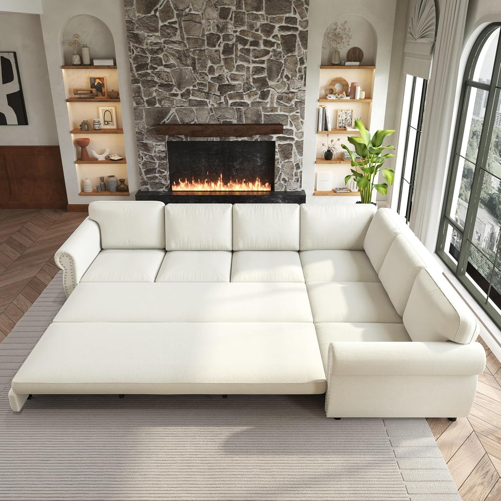 118' L-Shaped Sleeper Couch Bed - Oversize Convertible with Pull-Out Sofa Bed, Button Tufted Chesterfield Sofa, Chenille Sectional Vintage Couches for Living Room/Apartment(6-Seater, Beige)