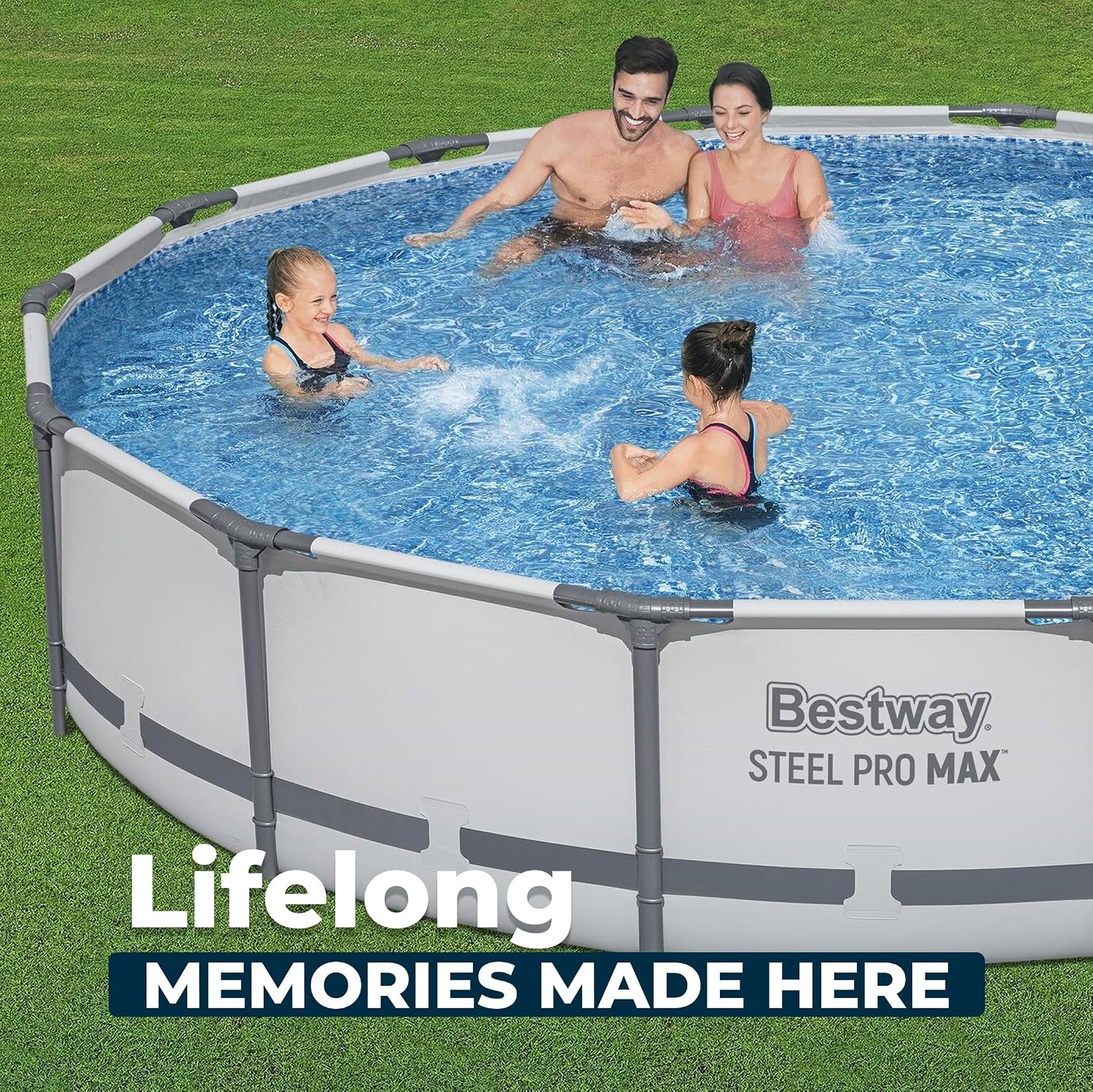 Bestway Steel Pro MAX 14' x 33' Round Above Ground Swimming Pool Set, 530 GPH Filter Pump, Tritech Puncture Resistant Liner, ClickConnect Steel Frame, Gray