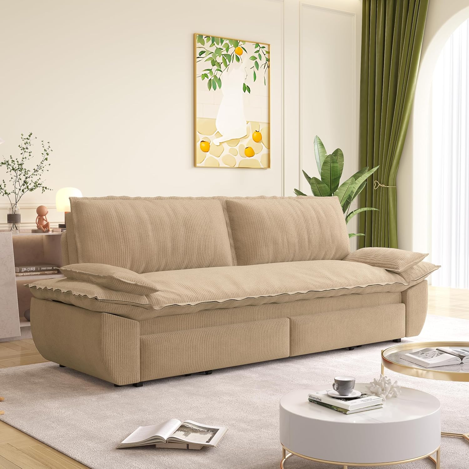 73.2' Sofa Bed Queen Size, Pull Out Couch Bed, 3-in-1 Convertible Sleeper Sofa with Cushion Armrest, Modern Corduroy Futon Couch for Living Room, Small Space, Apartment, Bedroom, Camel