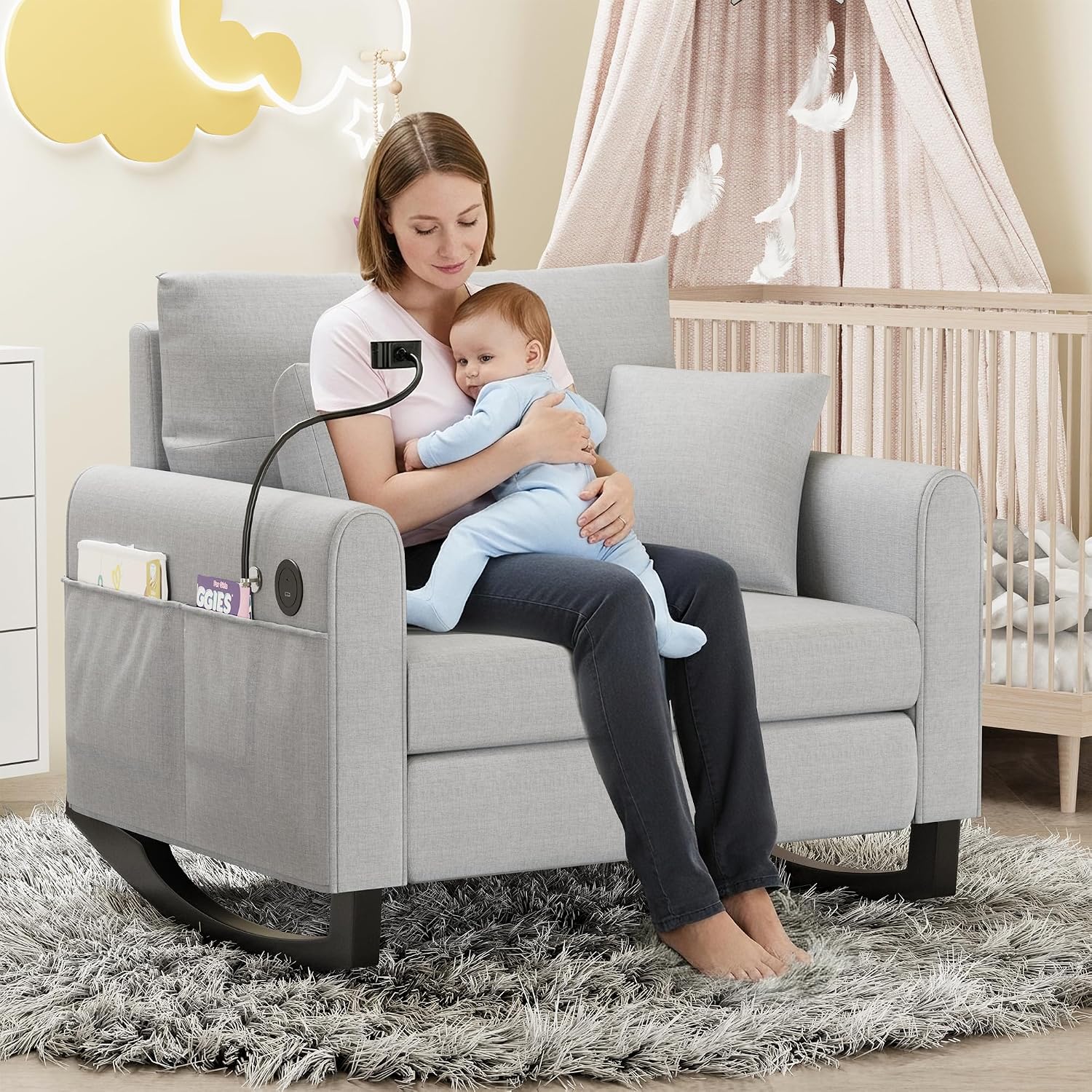 HOMREST Upholstered Oversize Rocking Chair with Adjustable Phone Handle, Nursery Rocking Chair with High Back and Side Pocket USB Port, Double Wide Rocker for Living Room, Bedroom, Nursery, Grey
