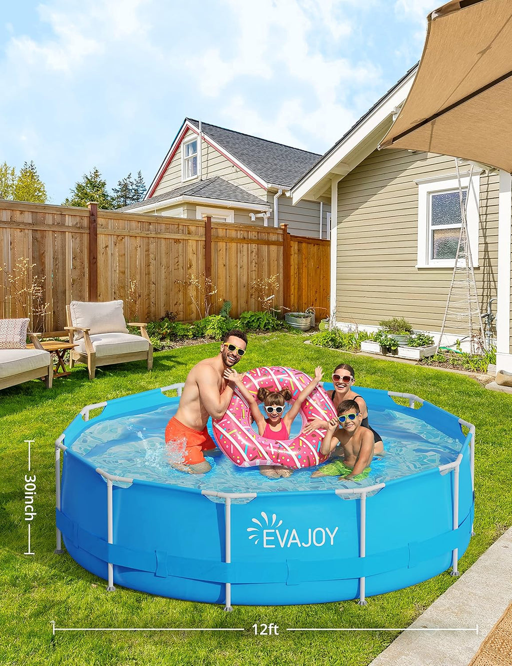 EVAJOY 12ft x 30in Metal Frame Swimming Pool, Outdoor Round Above Ground Pool with Steel Frame, Heavy-Duty PVC, Easy Assembly for Backyard, Garden, Lawn